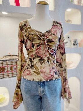 Y2K Vintage Floral Mesh Long Sleeve Boho Blouse Ruched Bust and Flared Sleeves
